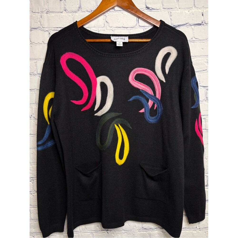 Joseph Ribkoff Black Embroidered Swirl Holiday Festive Cozy Comfy Sweater L